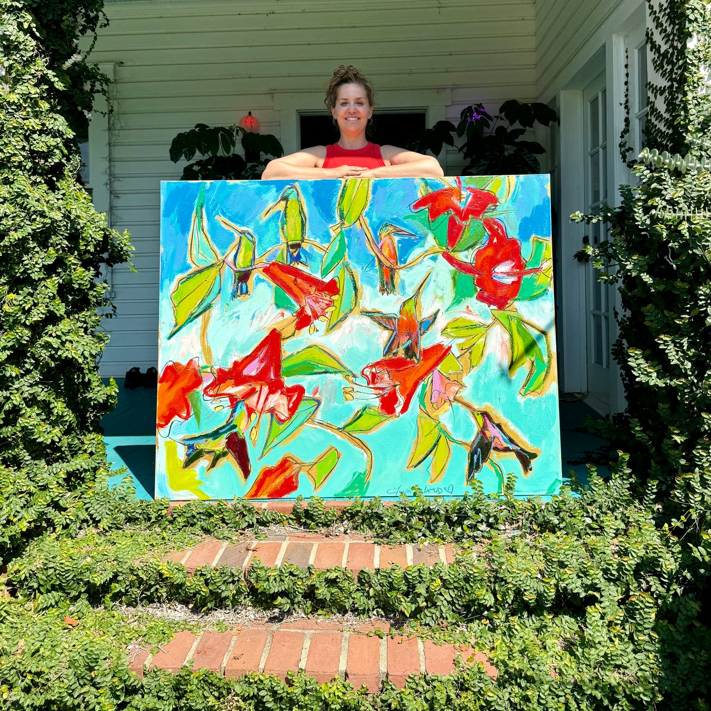 Hummingbirds and Hibiscus (48x60”) with gold floating frame