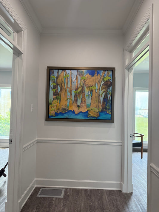 "Golden Bayou with Birds" (42x33”) giclee on canvas with Truffle Floating Frame