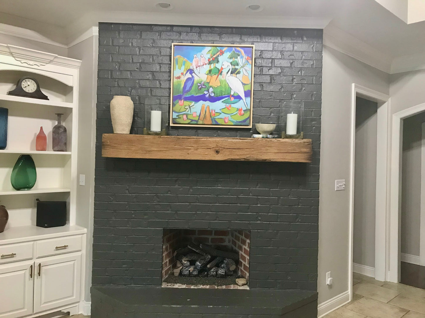 Blue and White Herons in Bayou Oasis (30x30”) with natural wood floating frame