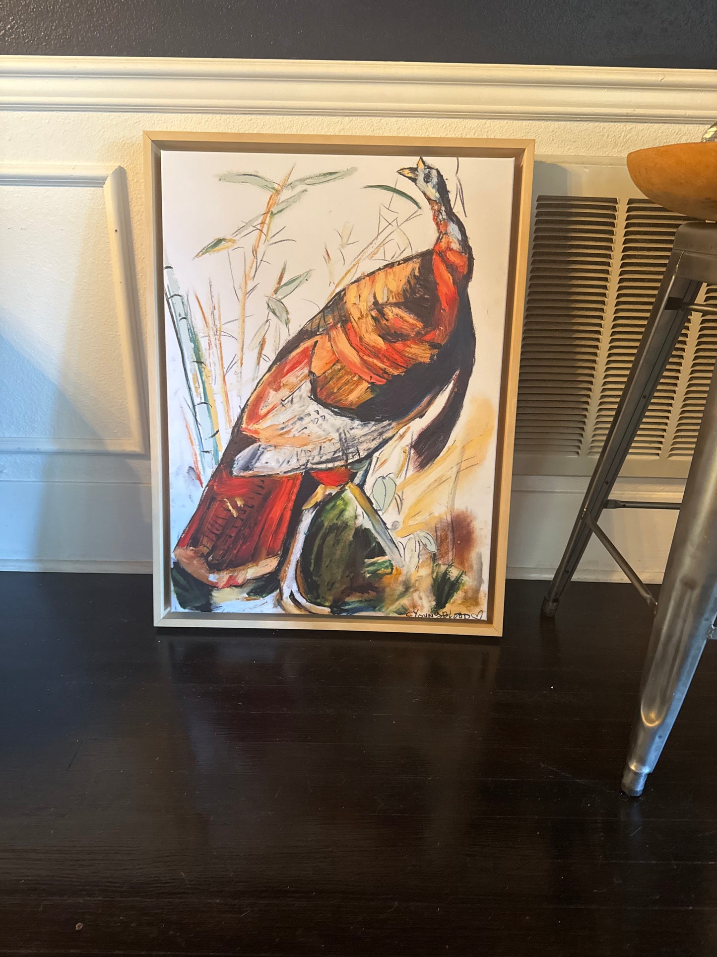 Wild Turkey (22x30”) giclee printed canvas with natural wood floating frame