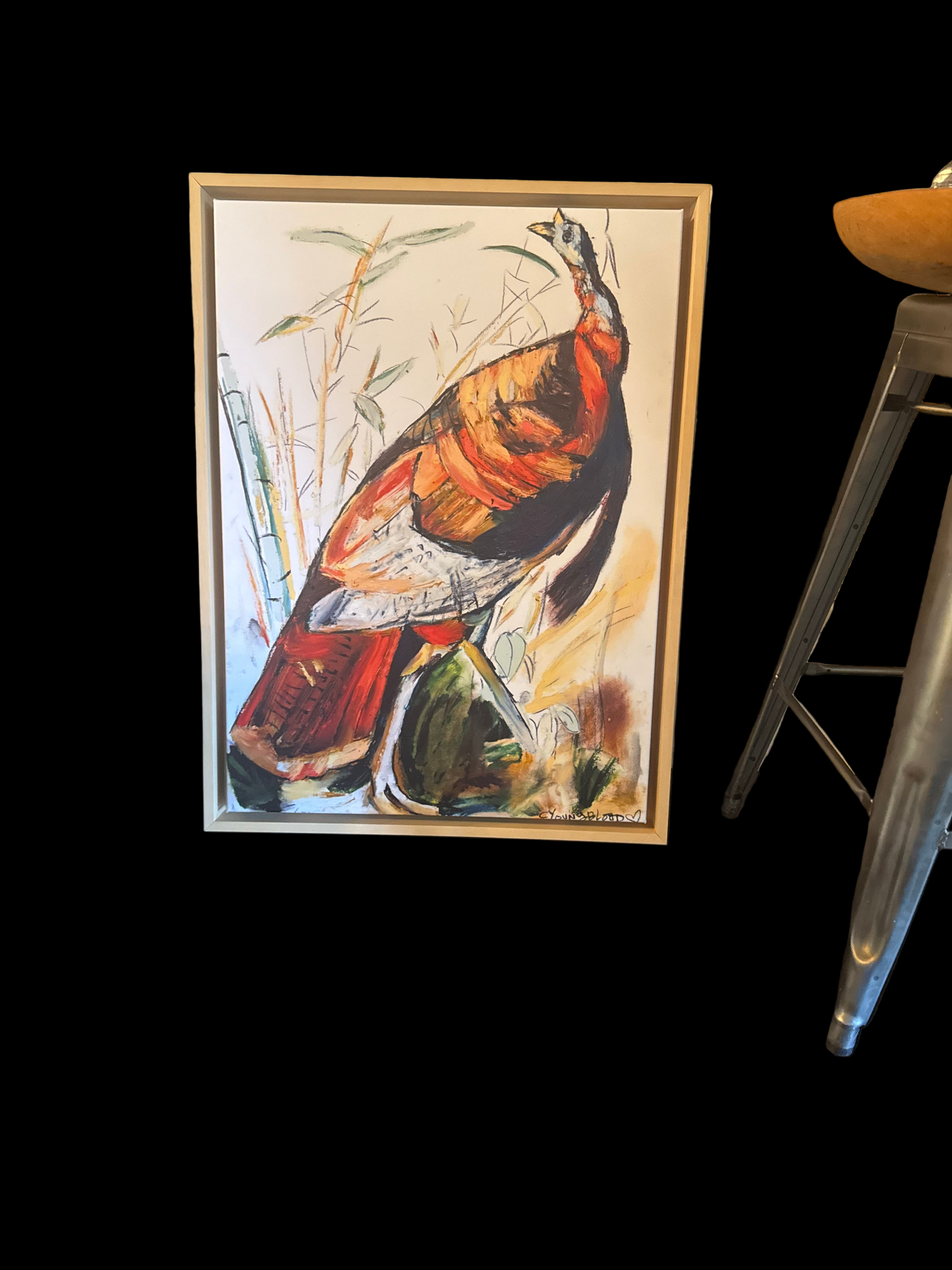 Wild Turkey (22x30”) giclee printed canvas with natural wood floating frame