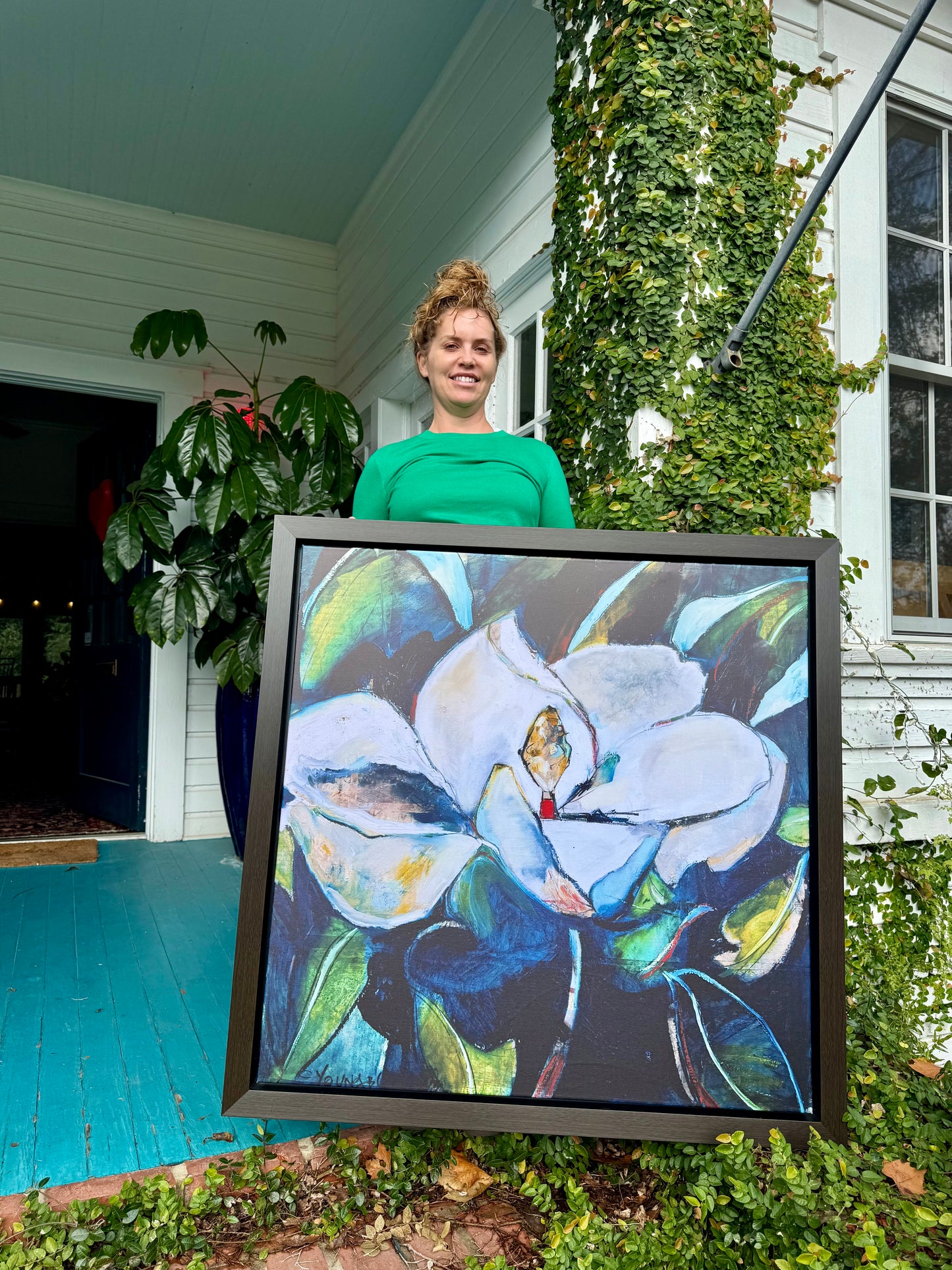 Teal Magnolia (36x36”) charcoal floating frame