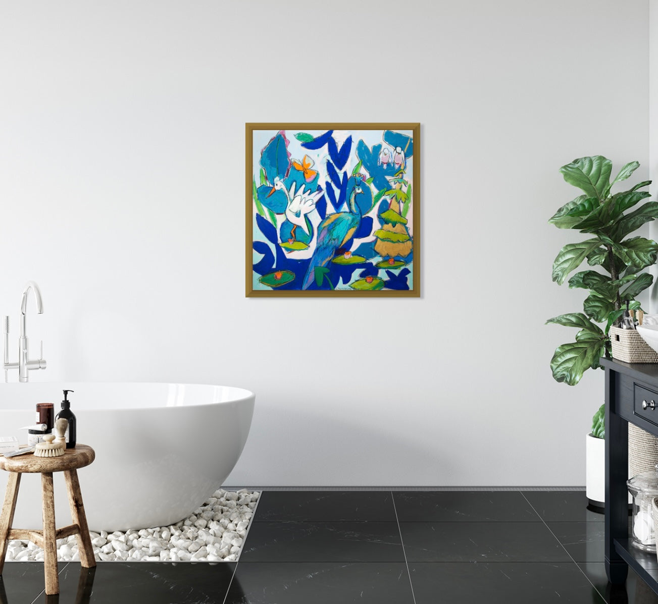 “Peacock Meets the Queen of Bayou Oasis” (30x30”) giclee printed canvas with solid gold floating frame