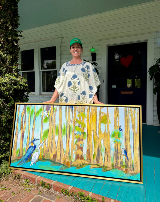 Golden Bayou with Bird Diptych (60 x 30") giclee on canvas with Gold Floating Frame