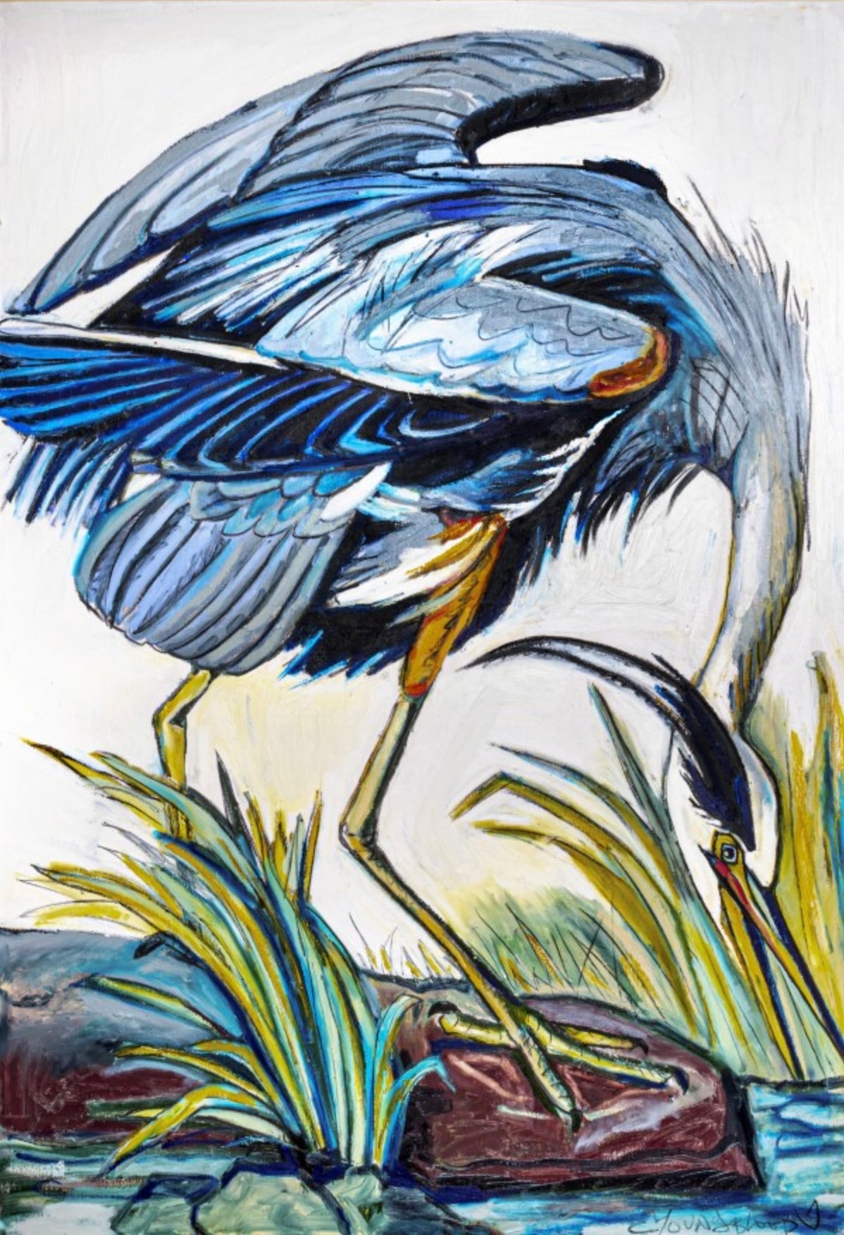 30% off (36x53”) Blue Heron Catching Fish signed giclee on canvas