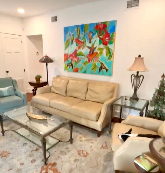 Hummingbirds and Hibiscus (48x60”) with gold floating frame