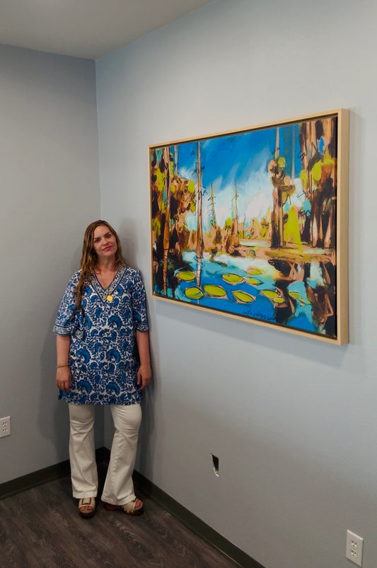 Blue Sky Bayou (32x 48") giclee on canvas with Natural Wood Floating Frame
