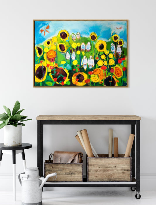 “Sunflower Field with Doves” (48x35”) giclee printed canvas with gold floating frame