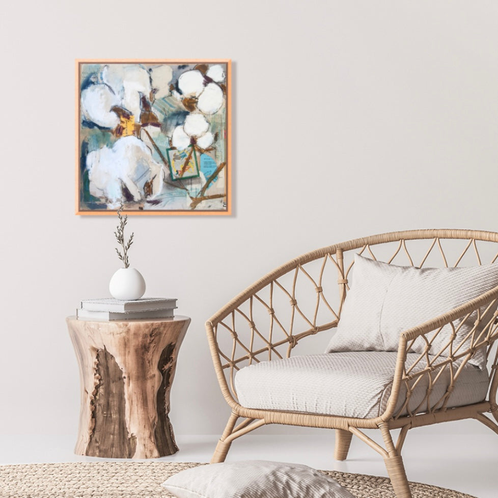 Vintage Cotton Sewing Collage (24x24”) Giclee printed canvas with natural wood floating frame