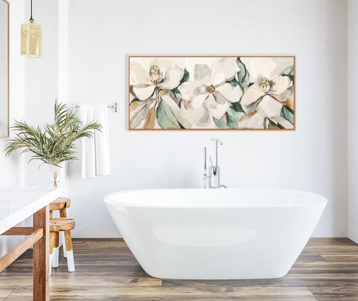 Neutral Magnolia Composite (60x30”) Giclee printed canvas with natural wood floating frame