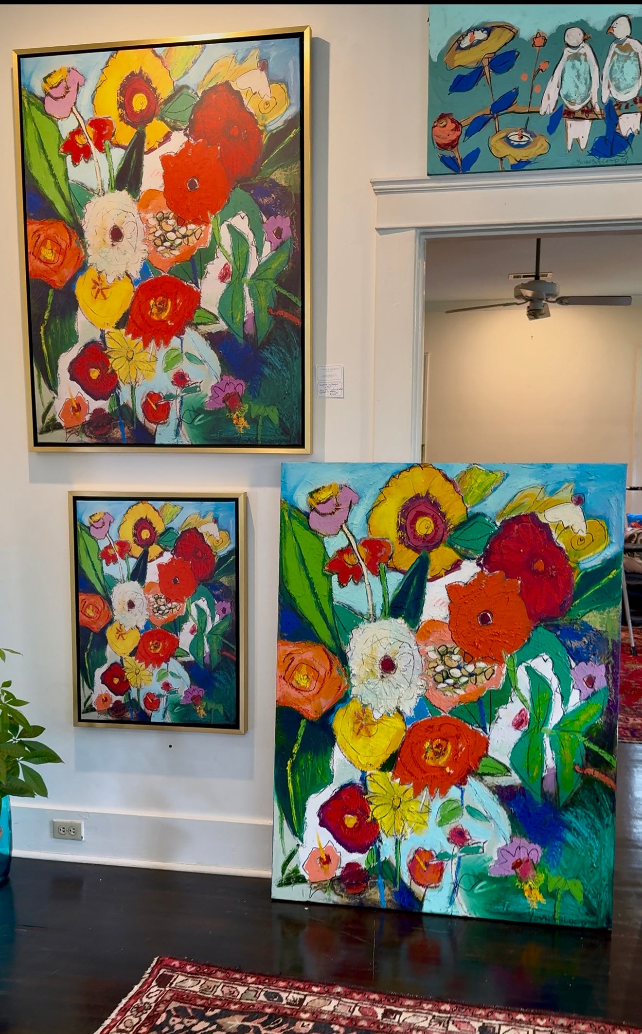 Zinnias (33x48”) Giclee printed canvas with gold floating frame