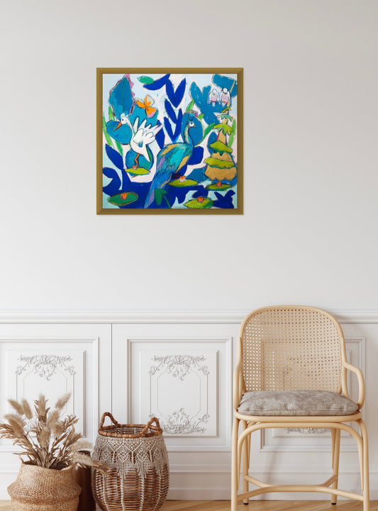 “Peacock Meets the Queen of Bayou Oasis” (30x30”) giclee printed canvas with solid gold floating frame