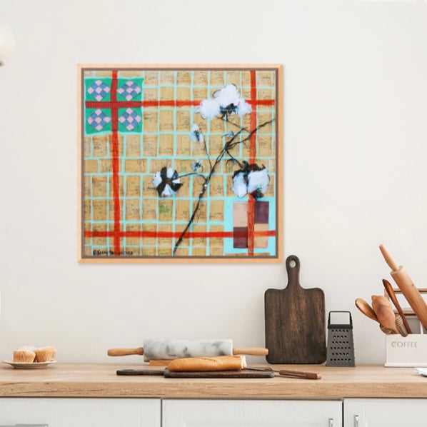 “Vintage Cotton Quilt Collage” (24x24”) Giclee printed canvas with natural wood floating frame