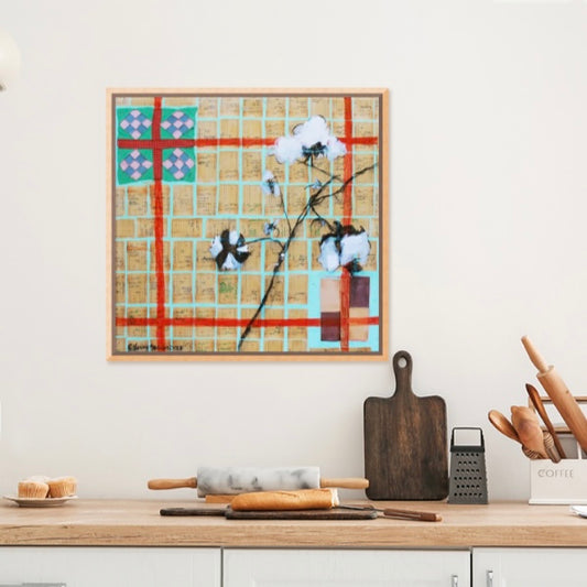 “Vintage Cotton Quilt Collage” (24x24”) Giclee printed canvas with natural wood floating frame
