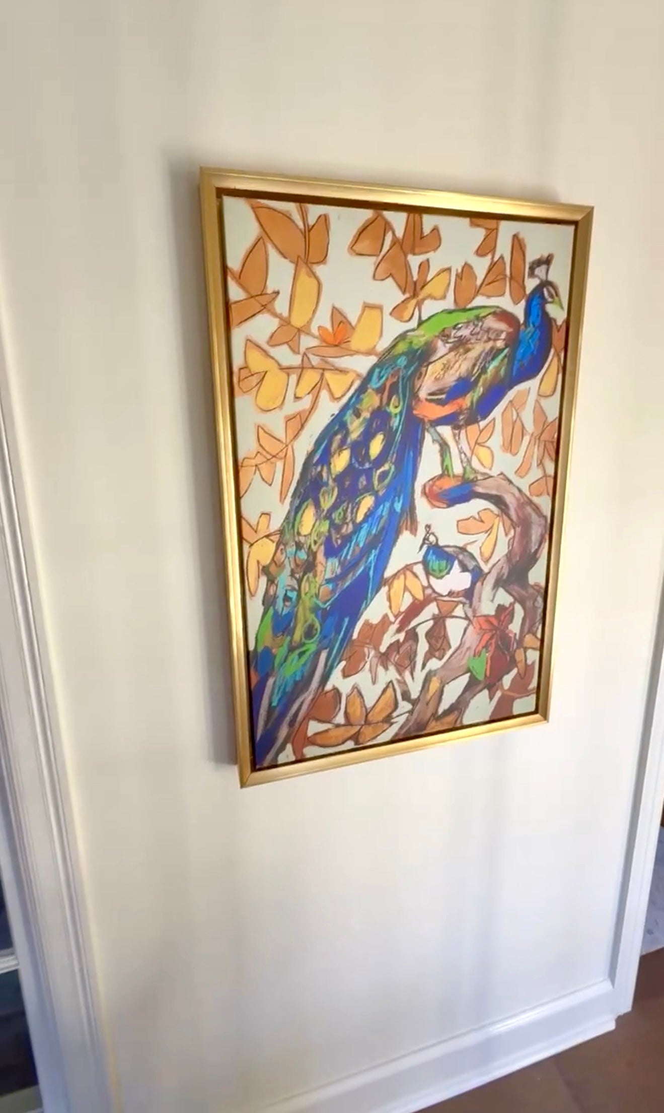 “Peacock Pair” (23x36”) giclee printed canvas with solid gold floating frame