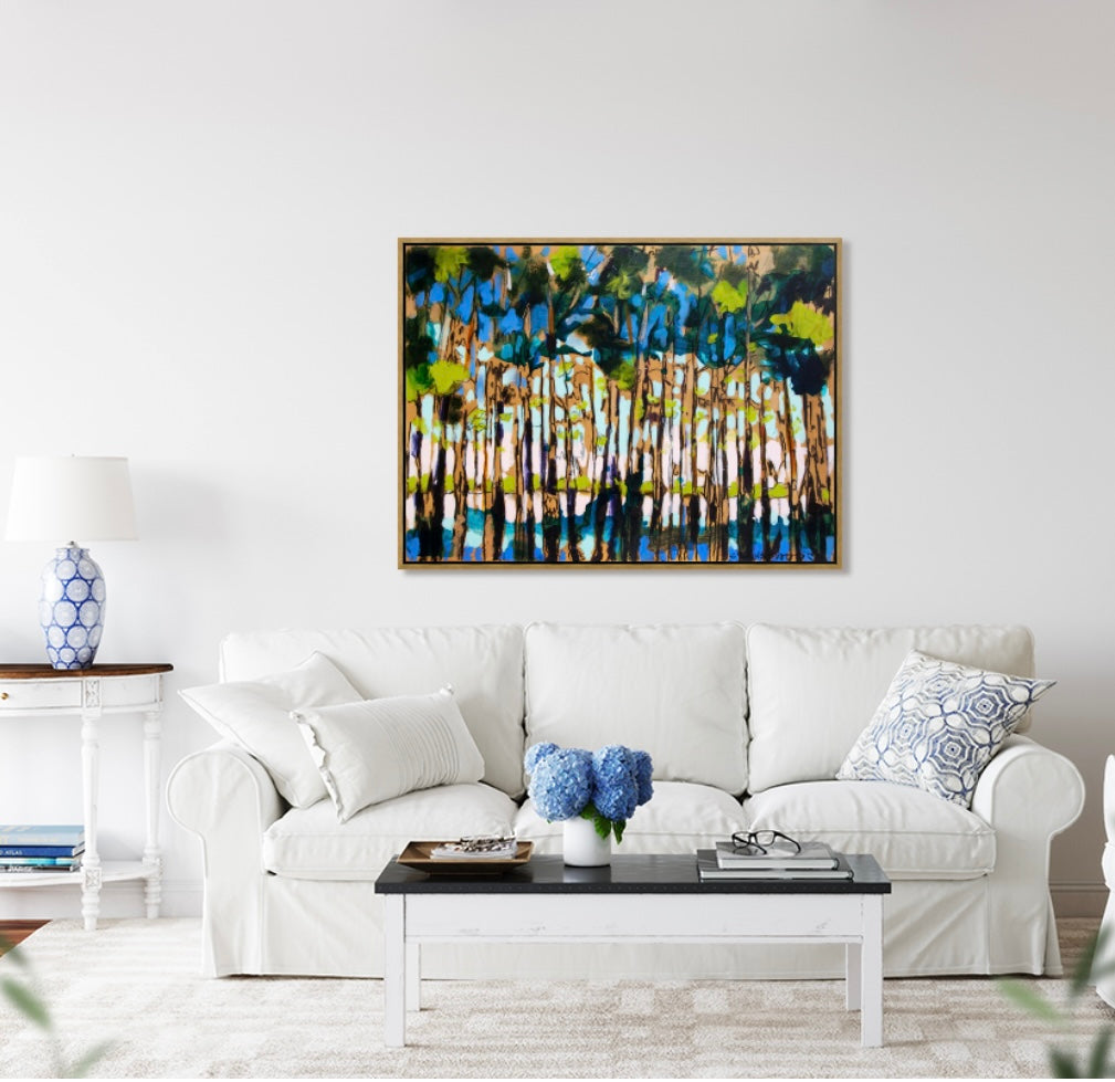“Cypress Reflections Abstract” (48x36”) giclee printed canvas with gold floating frame