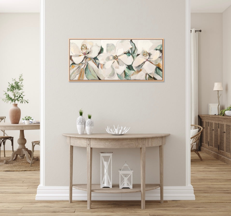 Neutral Magnolia Composite (60x30”) Giclee printed canvas with natural wood floating frame