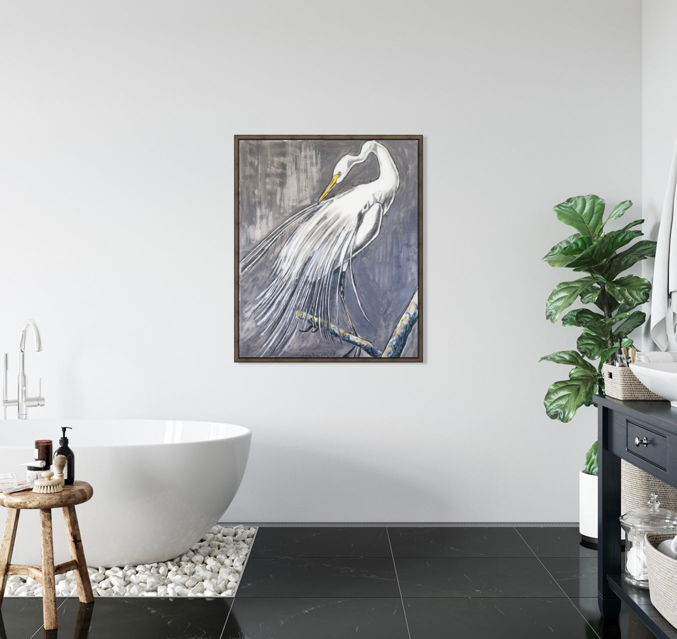 White Heron out on a Limb (30x36”) Giclee printed canvas with truffle floating frame