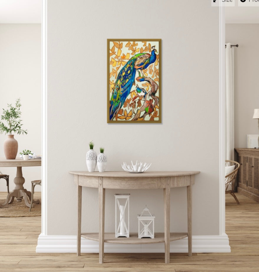 “Peacock Pair” (23x36”) giclee printed canvas with solid gold floating frame