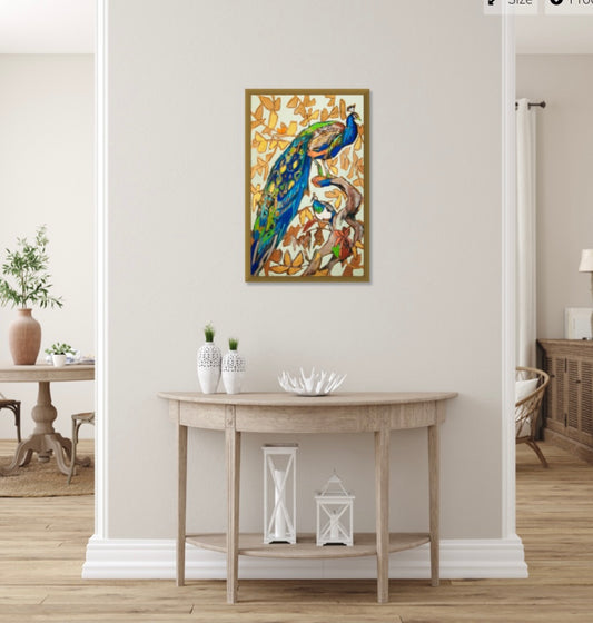 “Peacock Pair” (23x36”) giclee printed canvas with solid gold floating frame