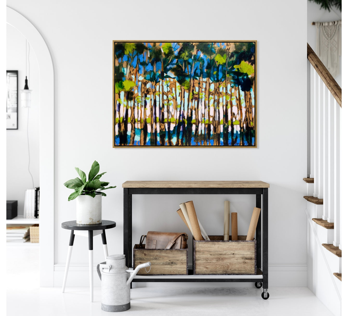 “Cypress Reflections Abstract” (48x36”) giclee printed canvas with gold floating frame