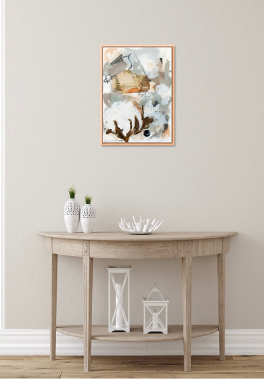 “Vintage Cotton Collage with Buttons” (22x30”) Giclee printed canvas with natural wood floating frame