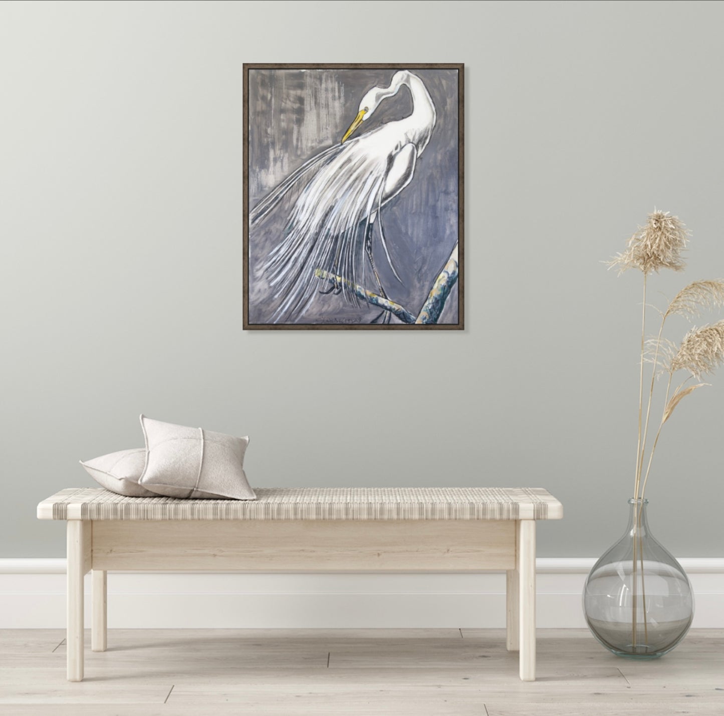 White Heron out on a Limb (30x36”) Giclee printed canvas with truffle floating frame