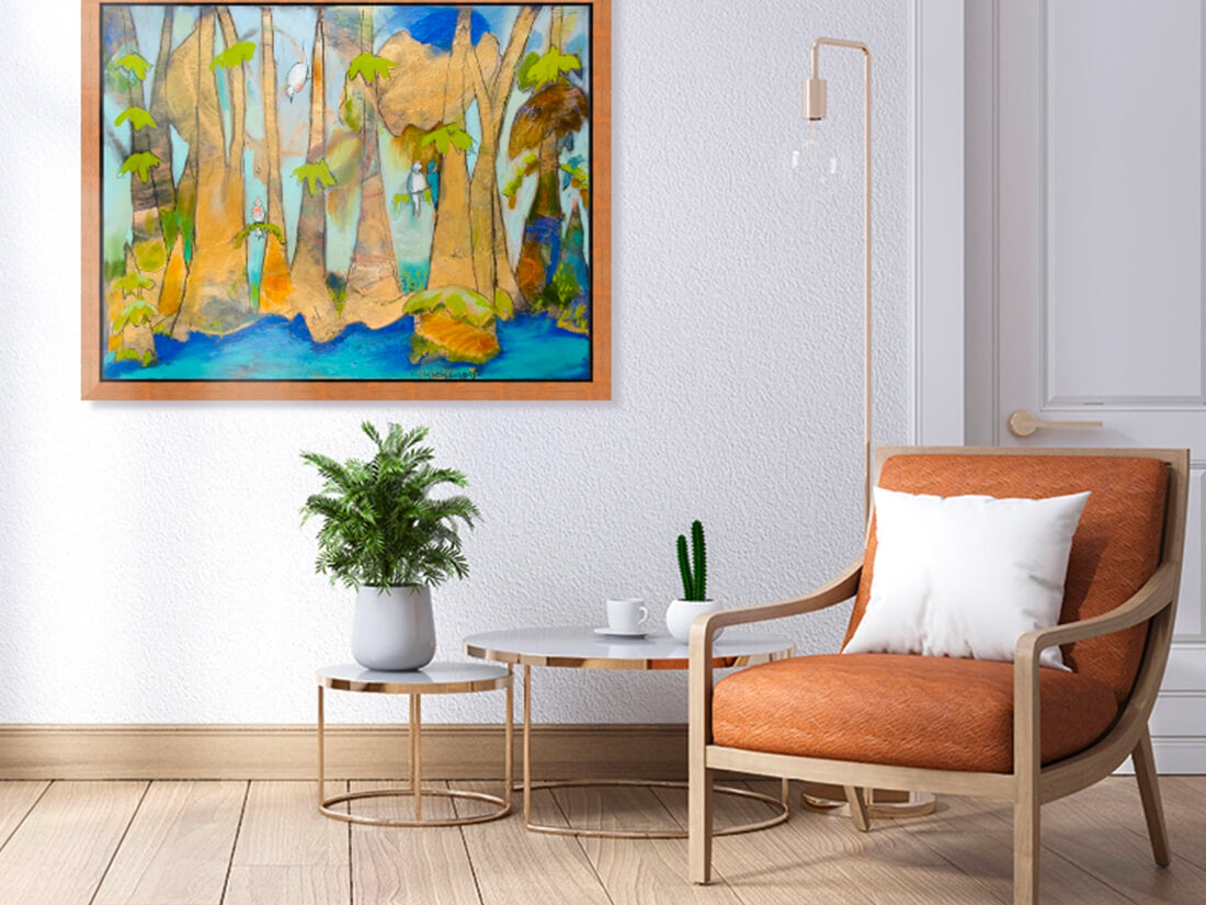 "Golden Bayou with Birds" Truffle Floating Frame (42x33")