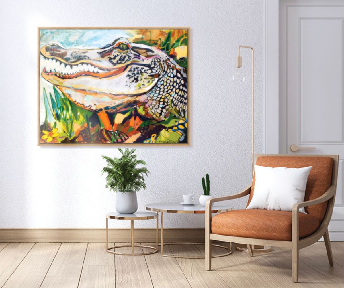 Groovy Gator (36x48”) with natural wood floating frame