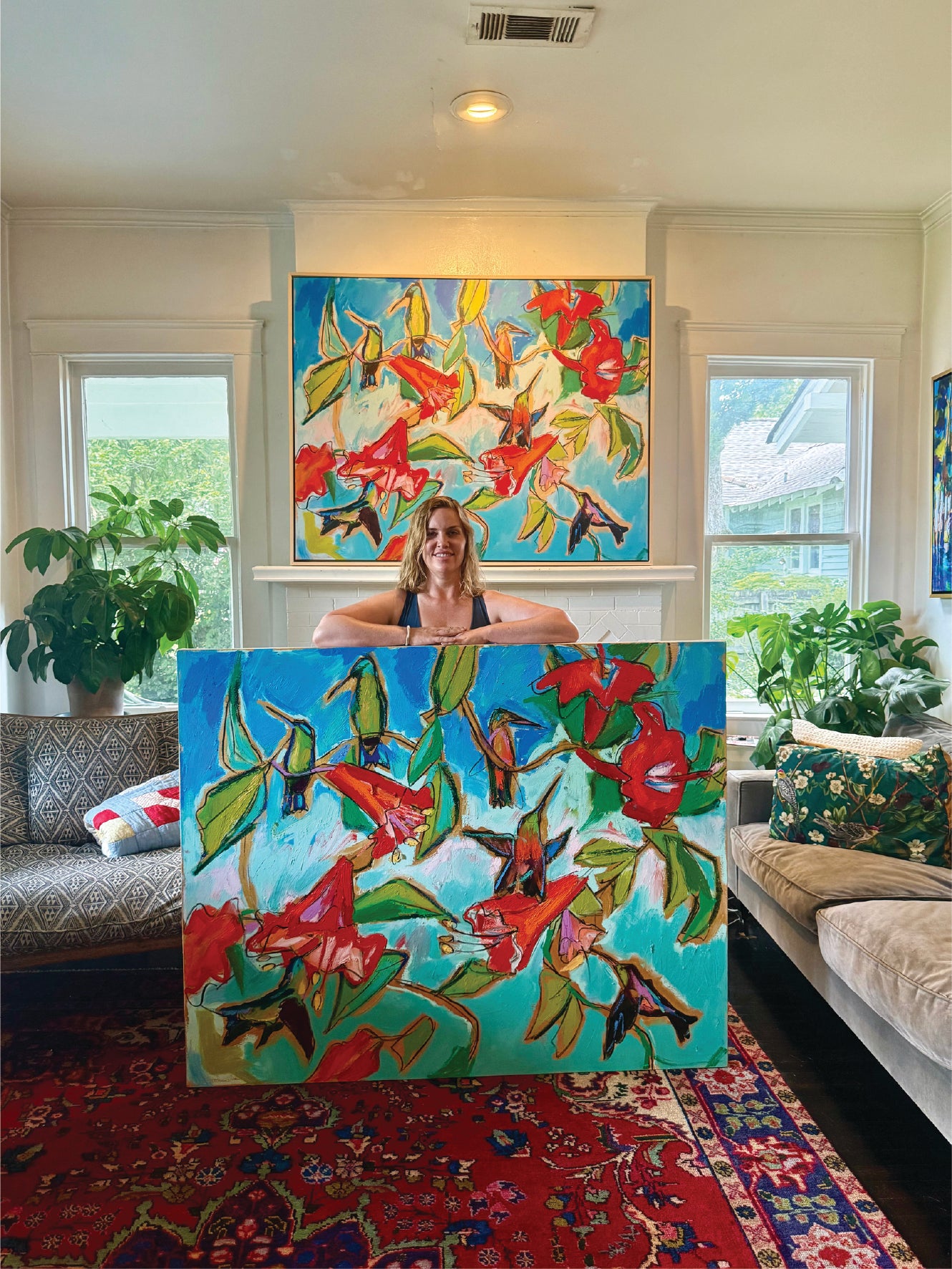 Hummingbirds and Hibiscus (48x60”) with gold floating frame