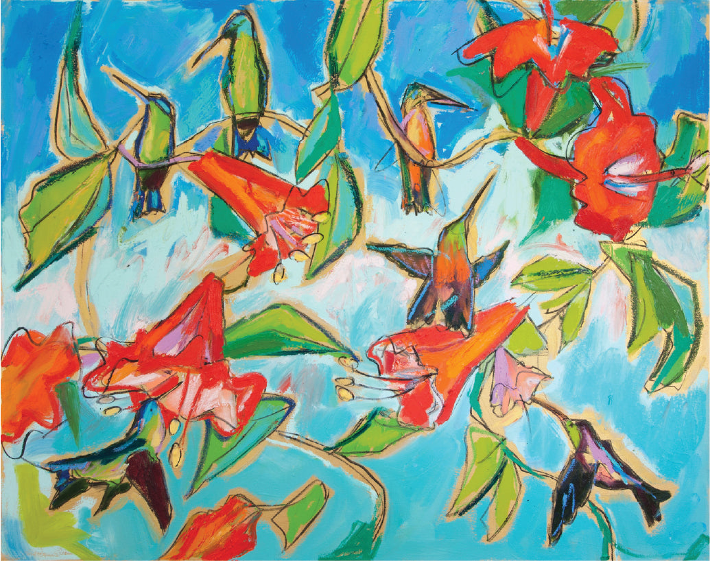 Hummingbirds and Hibiscus (48x60”) with gold floating frame