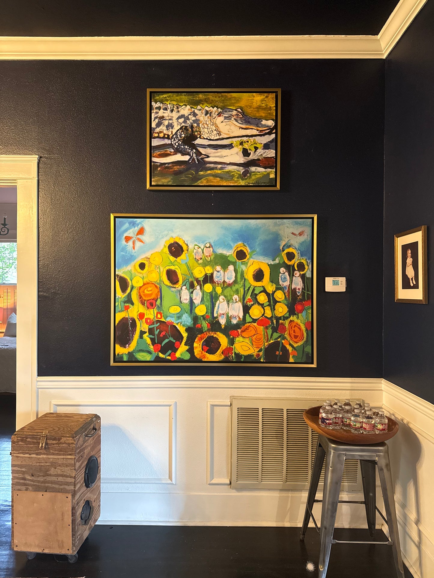 “Sunflower Field with Doves” (48x35”) giclee printed canvas with gold floating frame