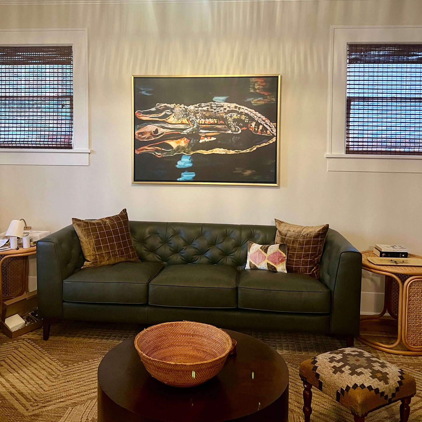 Alligator on a Log in Dark Bayou (36x48”) with gold floating frame