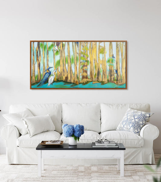 Golden Bayou with Bird Diptych (60 x 30") with Antique Gold Frame