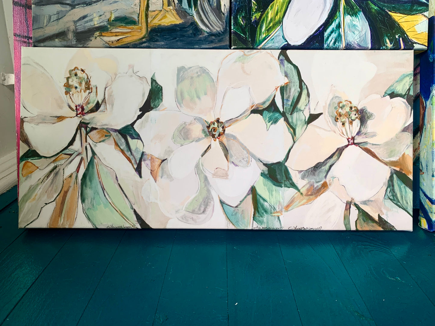 Soft Magnolia Triptych Giclee on Canvas