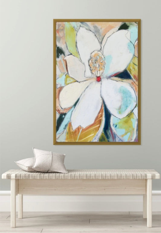 “Soft Magnolia II” (36x48”) with solid gold floating frame