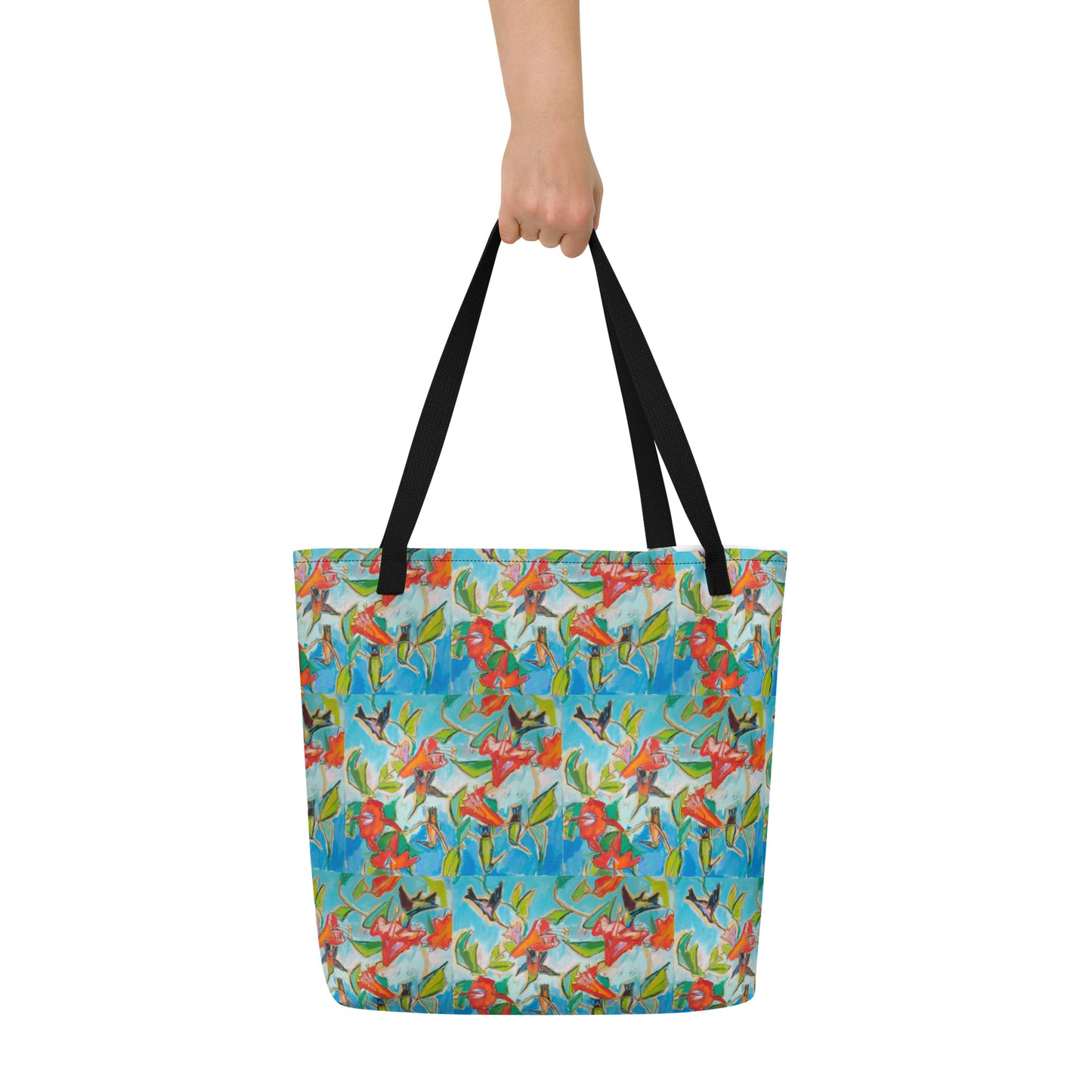 Hummingbirds and Hibiscus All-Over Print Large Tote Bag