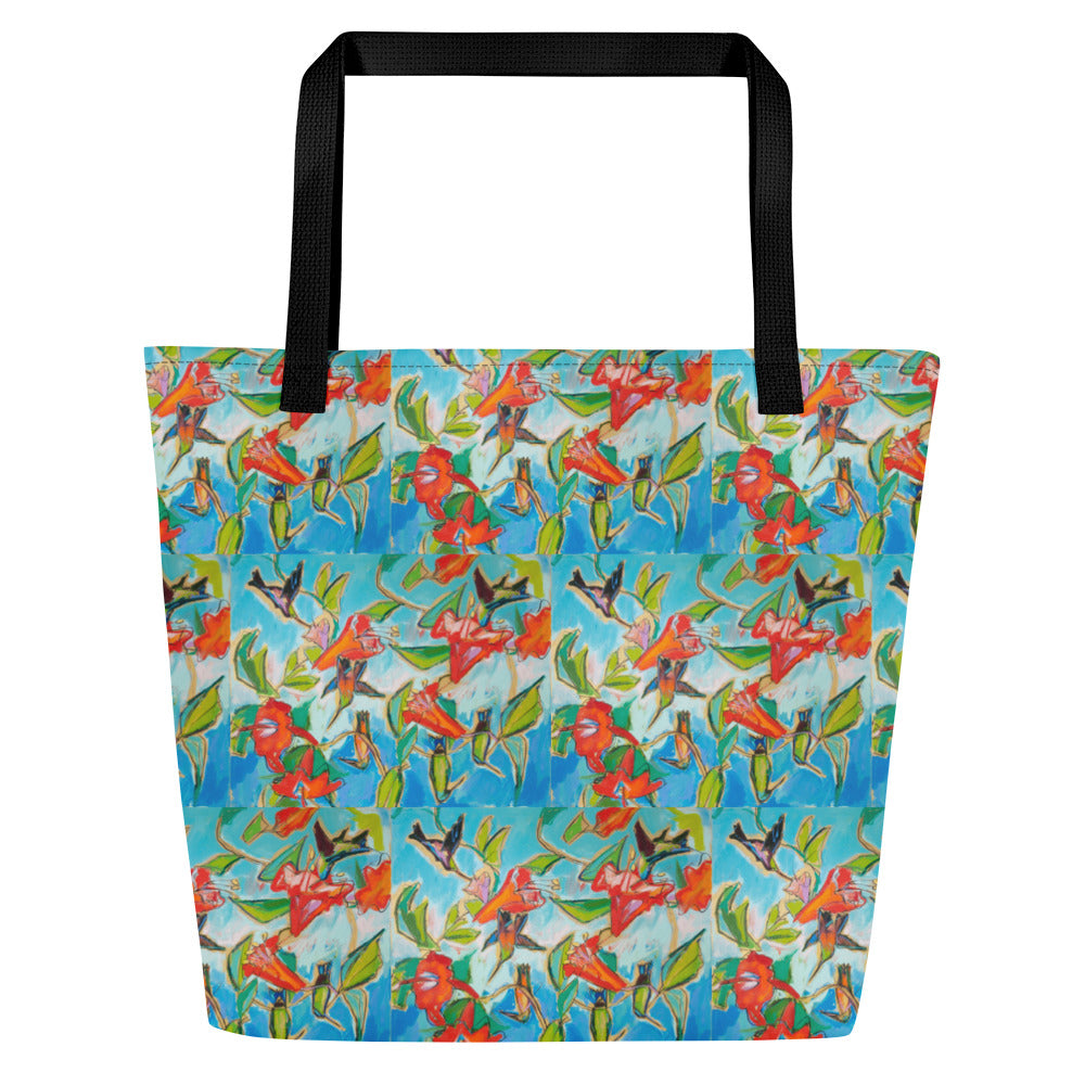 Hummingbirds and Hibiscus All-Over Print Large Tote Bag