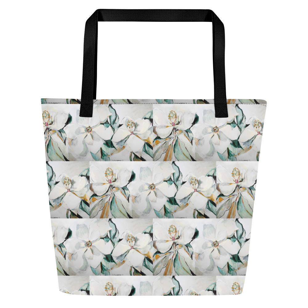 Neutral Magnolia All-Over Print Large Tote Bag