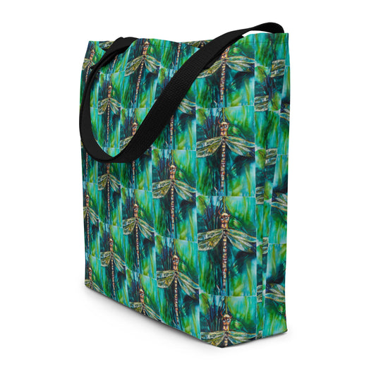 Green Dragonfly All-Over Print Large Tote Bag
