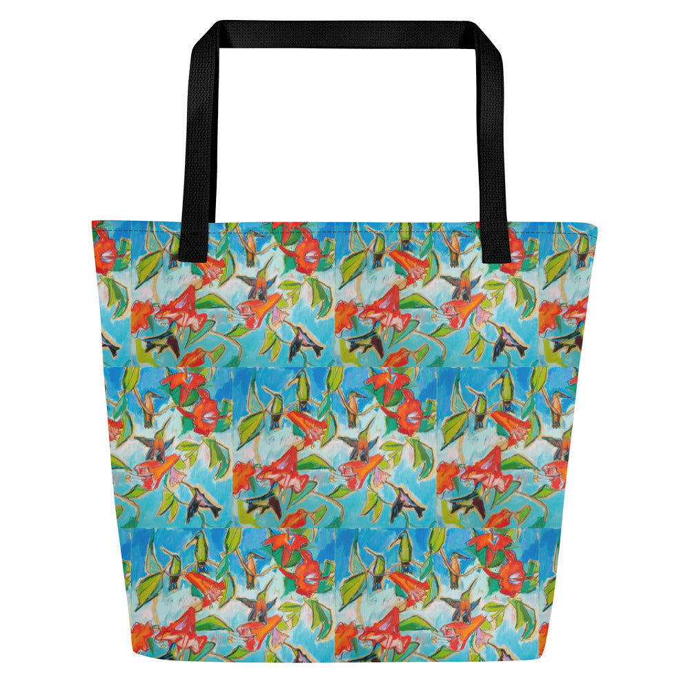 Hummingbirds and Hibiscus All-Over Print Large Tote Bag