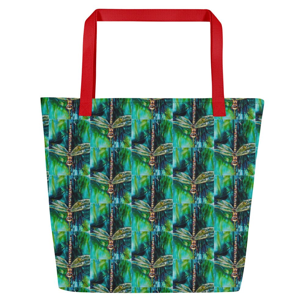 Green Dragonfly All-Over Print Large Tote Bag