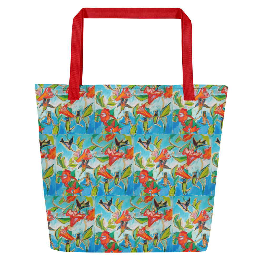 Hummingbirds and Hibiscus All-Over Print Large Tote Bag