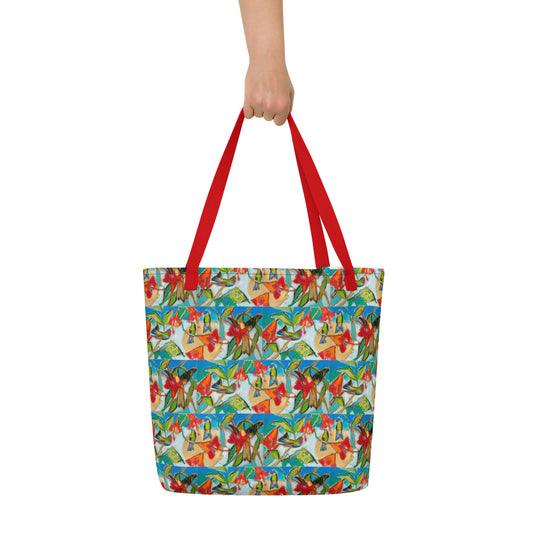 Hummingbirds with Sun All-Over Print Large Tote Bag