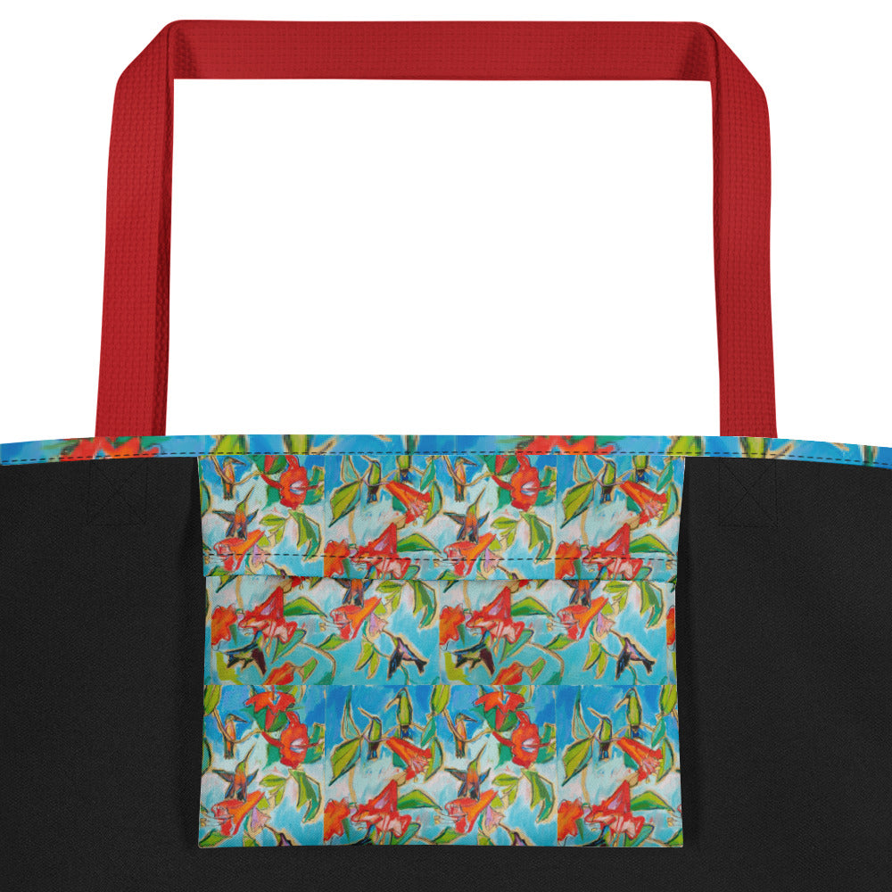 Hummingbirds and Hibiscus All-Over Print Large Tote Bag