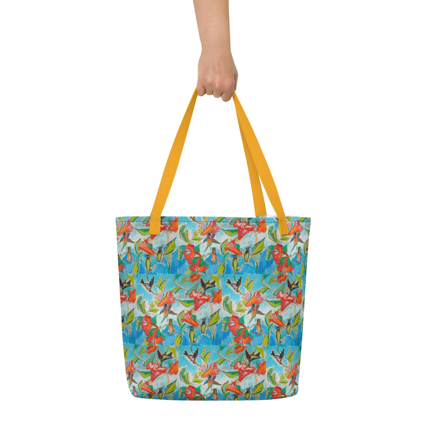 Hummingbirds and Hibiscus All-Over Print Large Tote Bag