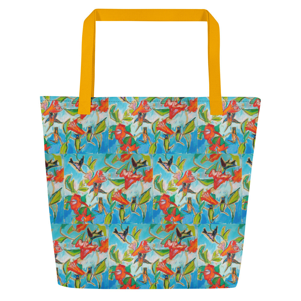 Hummingbirds and Hibiscus All-Over Print Large Tote Bag