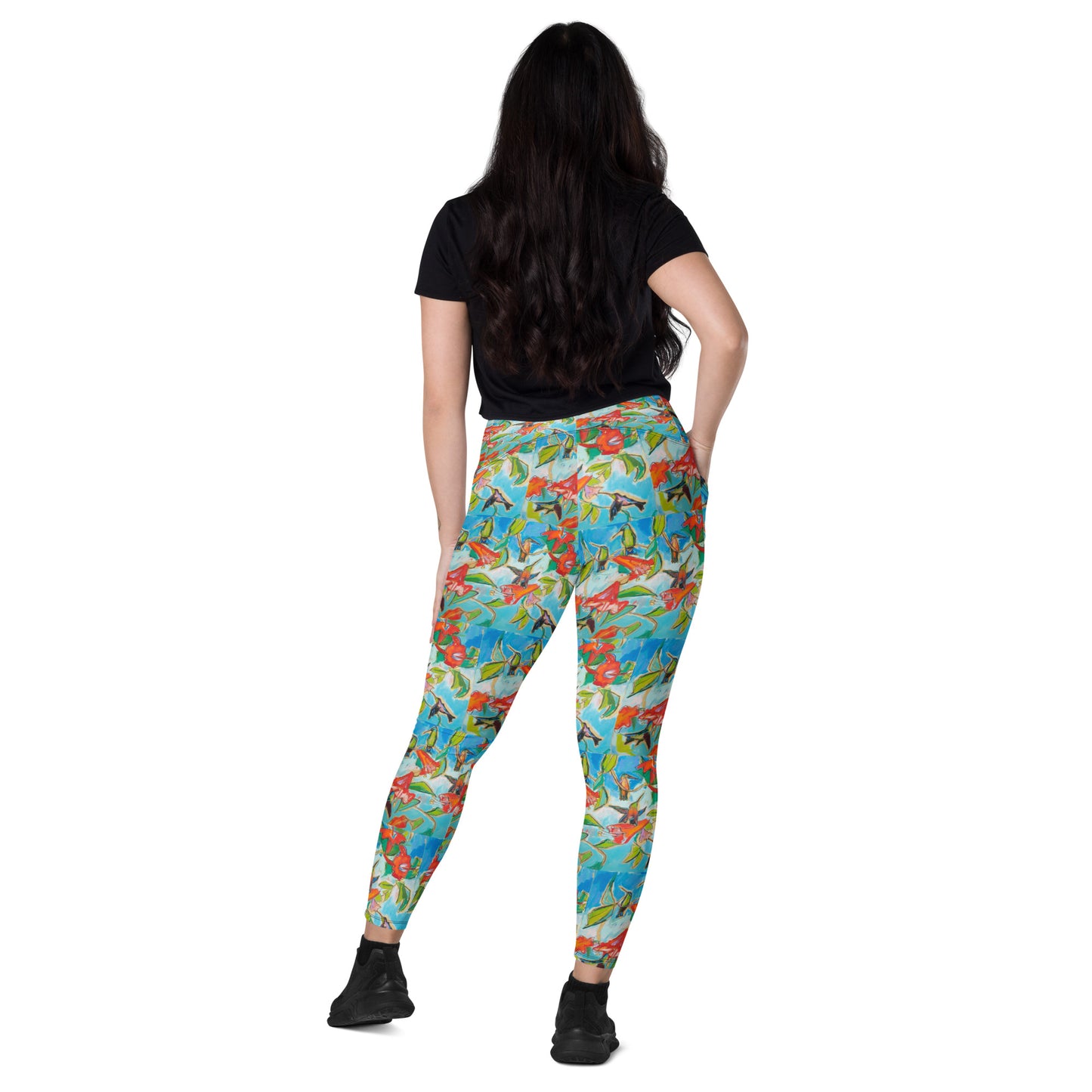 Hummingbirds with Hibiscus II Crossover leggings with pockets