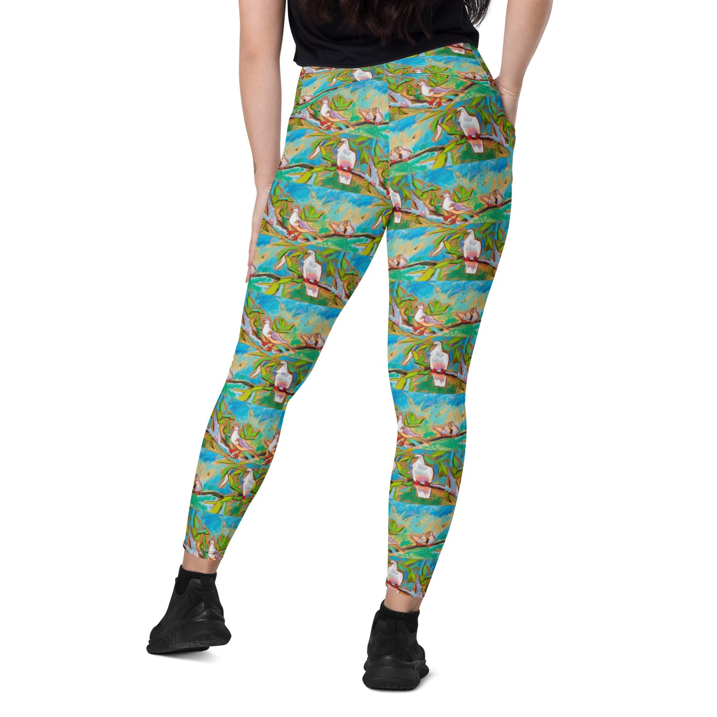 Doves in Oasis of Love and Peace Crossover leggings with pockets