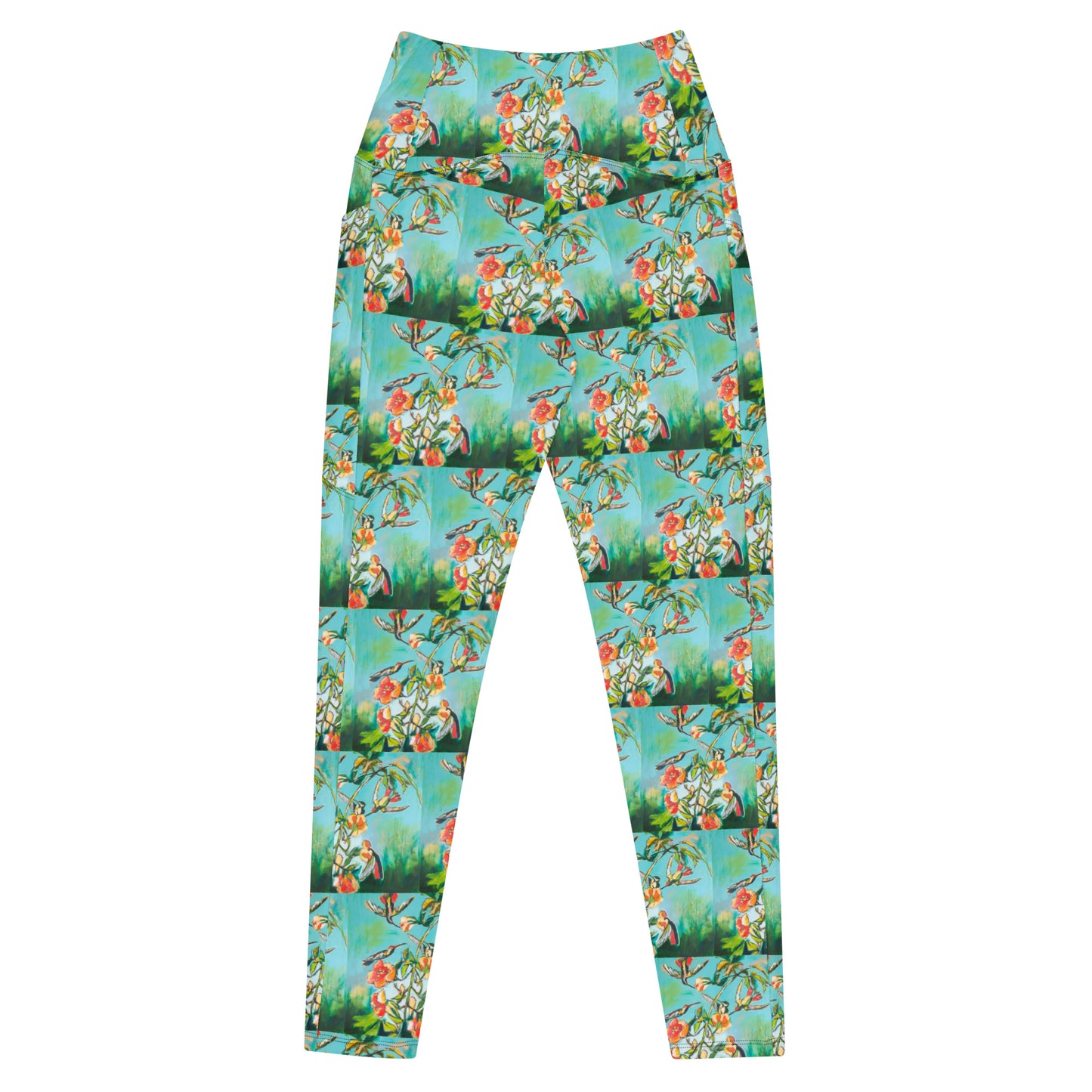 Teal Hummingbirds with Hibiscus Crossover leggings with pockets